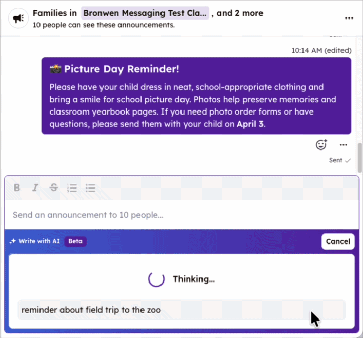 Animated flow showing the AI writing interaction pattern