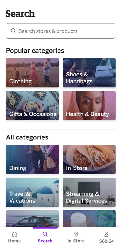 Rakuten categories screen