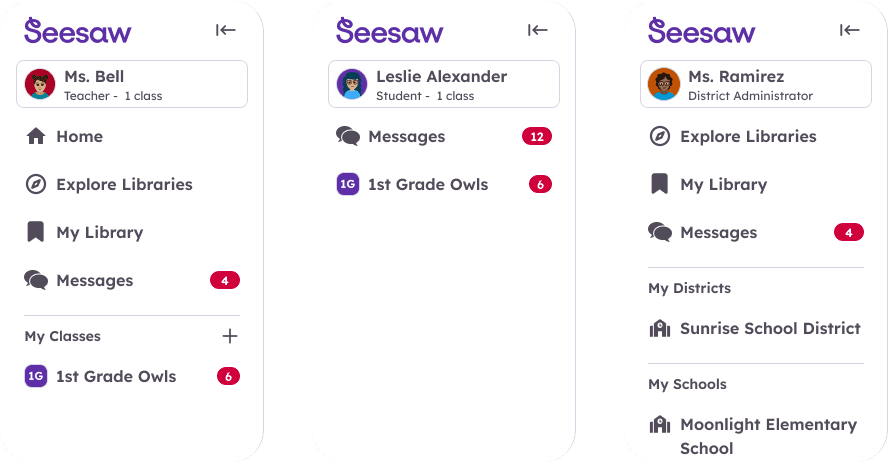 Seesaw navigation panels for teacher, student, and administrator